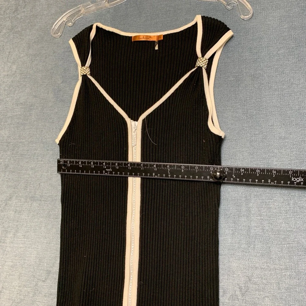 Belldini Knit Top Womens XL Black White Ribbed Sleeveless Outdoor Zip Front